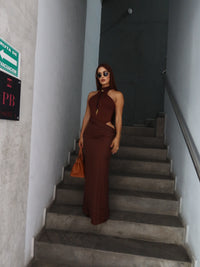 Vestido largo coffe satin
