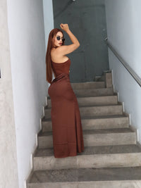 Vestido largo coffe satin