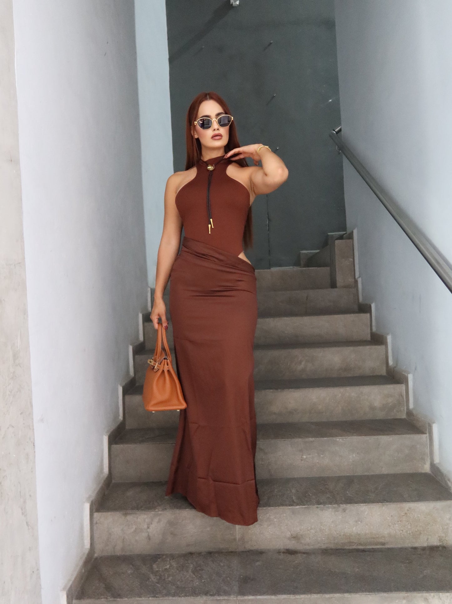 Vestido largo coffe satin