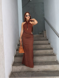 Vestido largo coffe satin